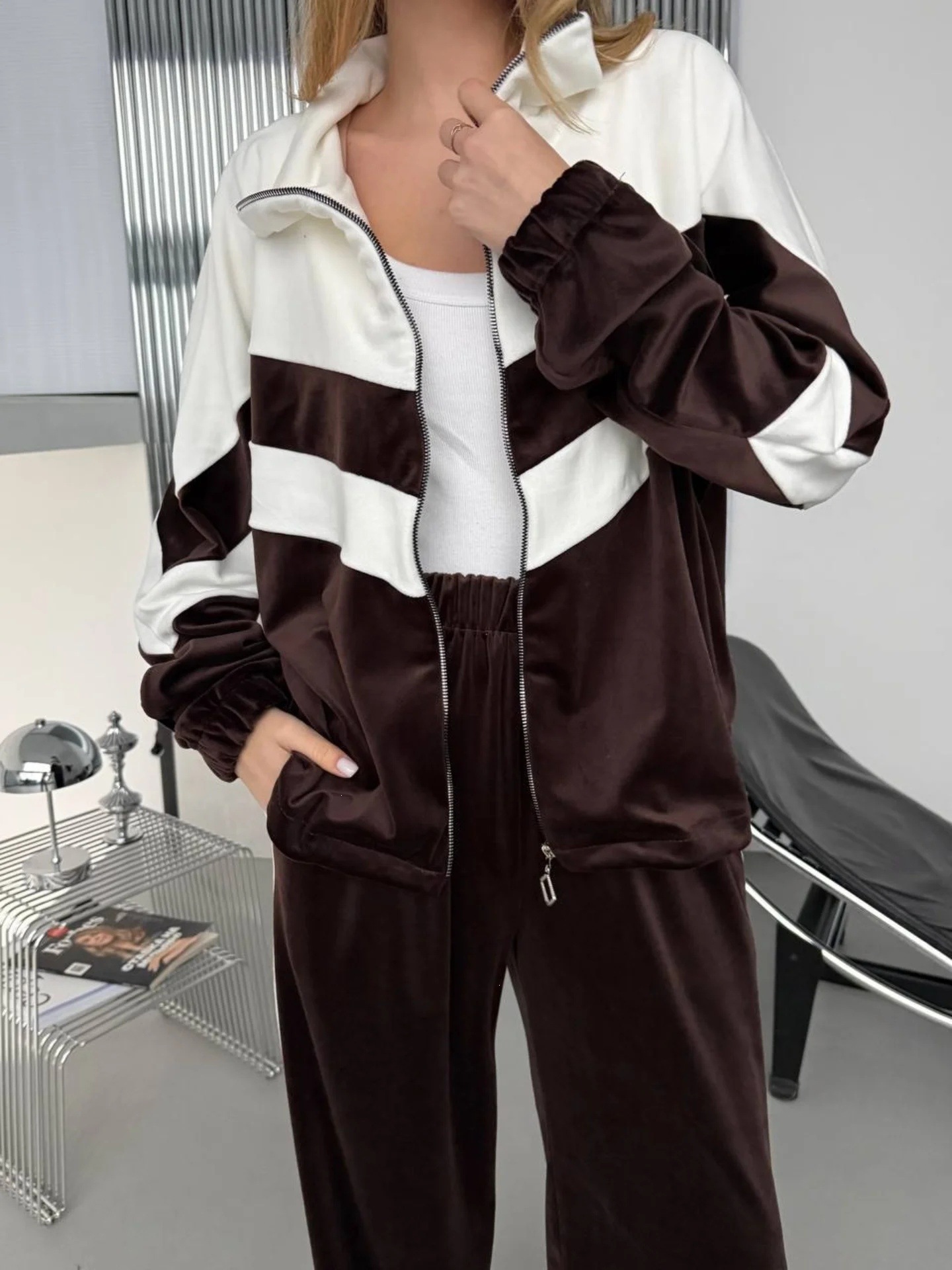 Women's Colorblock Zip Cardigan & Wide-Leg Pants Set