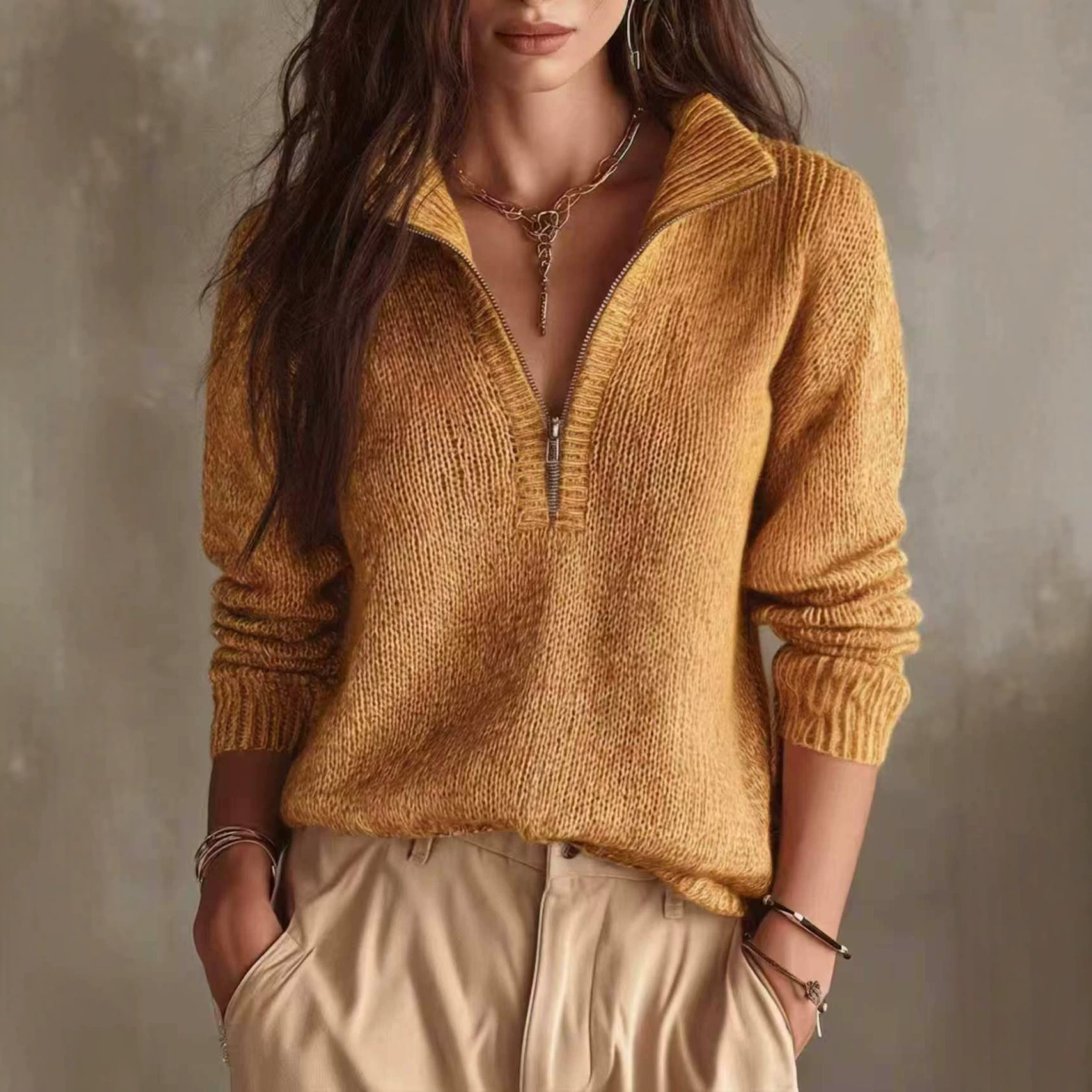 Slim-Fit Half-Zip Knit Sweater Solid Color Long Sleeve