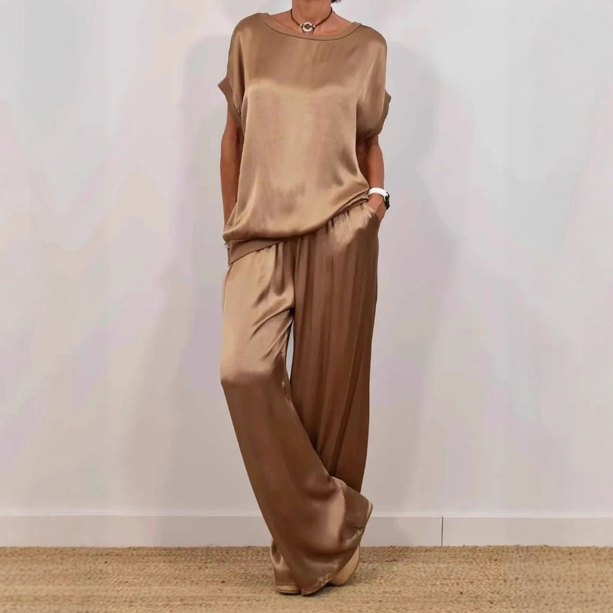 Relaxed-Fit Shirt and Wide-Leg Pants Casual Set