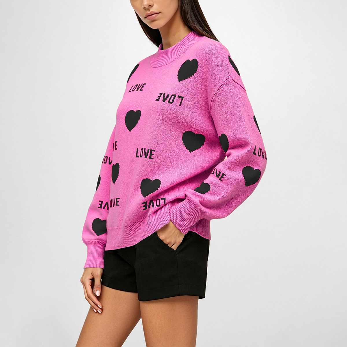 Heart Jacquard Pullover Sweater Crew Neck Loose Fit