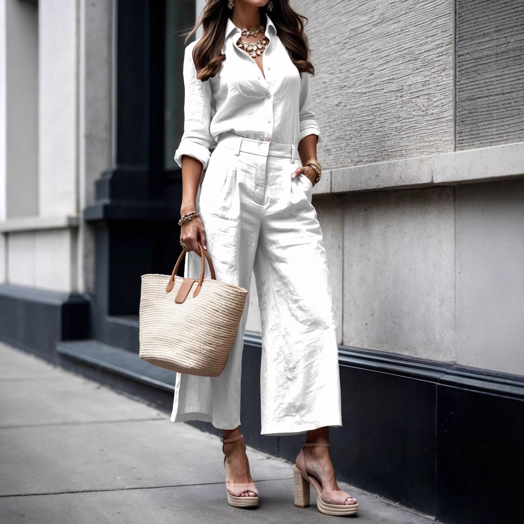 Women's Long Sleeve Solid Button Cardigan Shirt and Pants Two-Piece Set