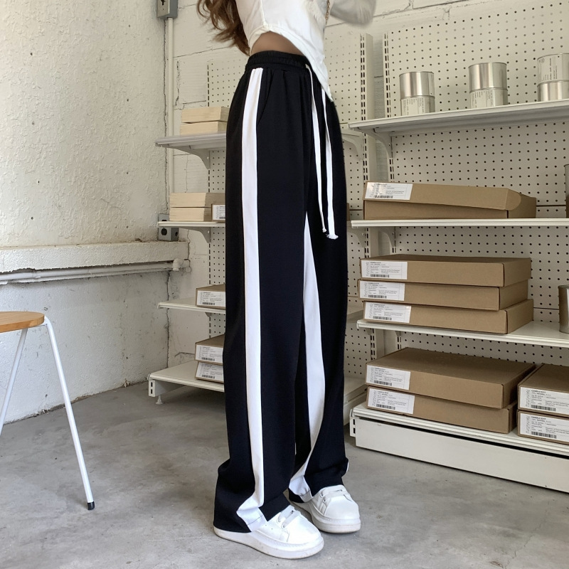 Black and White Colorblock Elastic Waist Wide-Leg Pants Women's Loose Slimming Korean Style
