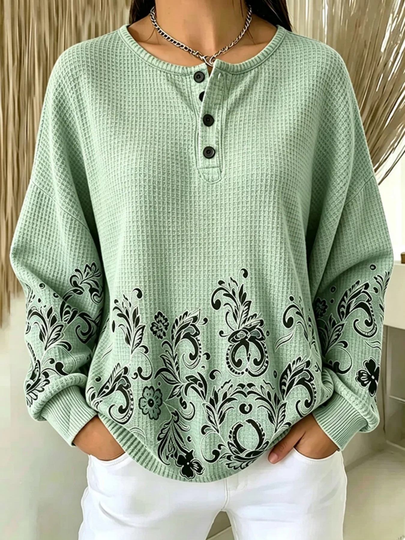 Women's Vintage Floral Print Button Sweatshirt