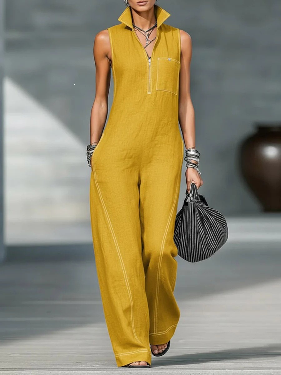 Women's Sleeveless Zip Jumpsuit Solid Color Wide Leg