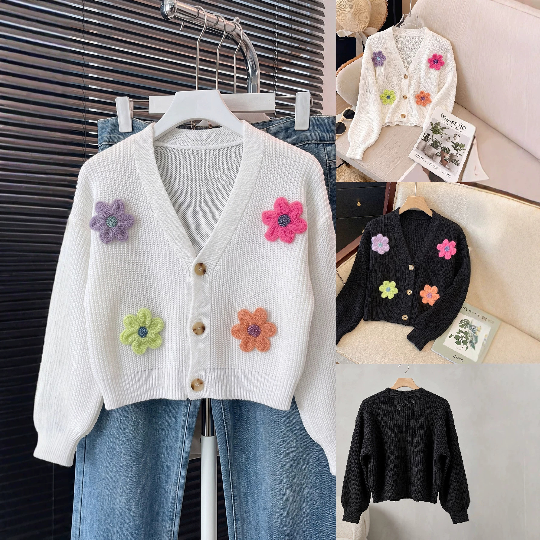 Women's Loose Knit Cardigan with 3D Floral Appliqué