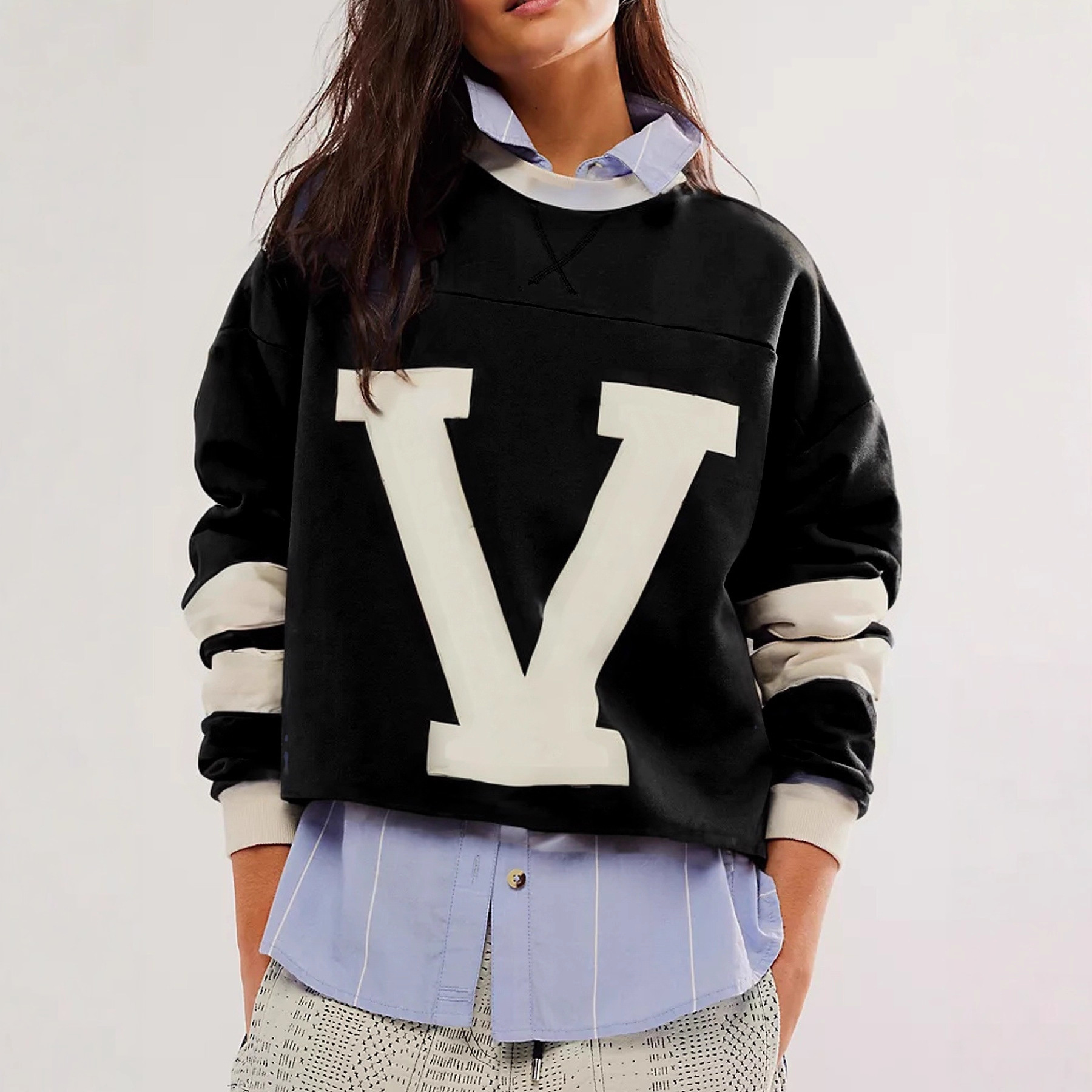 Women's American Street Colorblock Letter Print Loose Pullover Sweatshirt