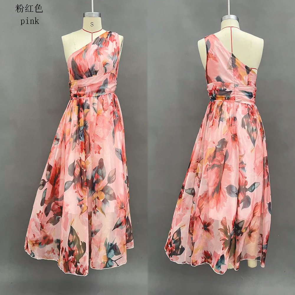 Digital Print One-Shoulder Sleeveless A-Line Midi Dress