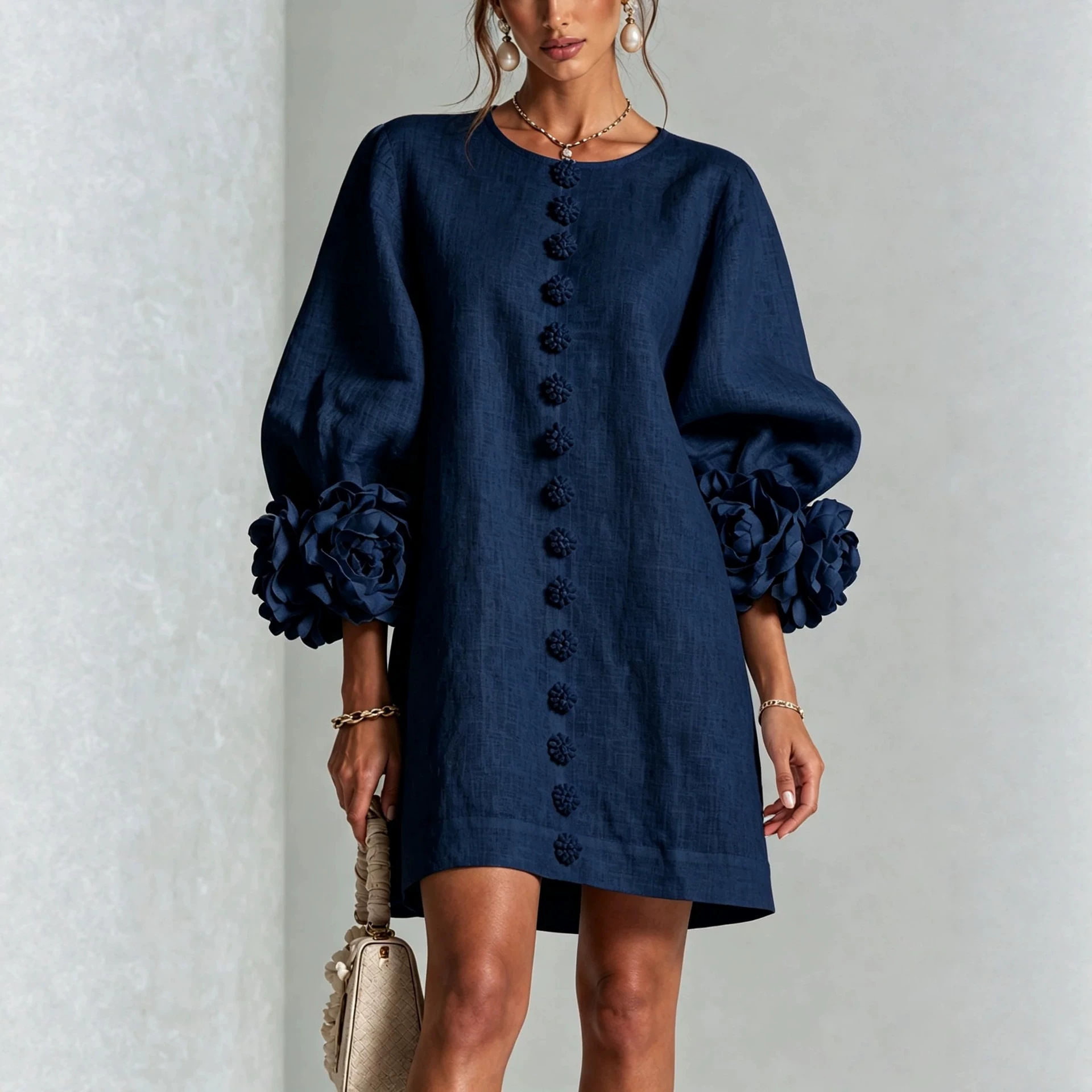 French 3D Floral Lantern Sleeve Cotton Linen Dress Round Neck Button Front Loose Short