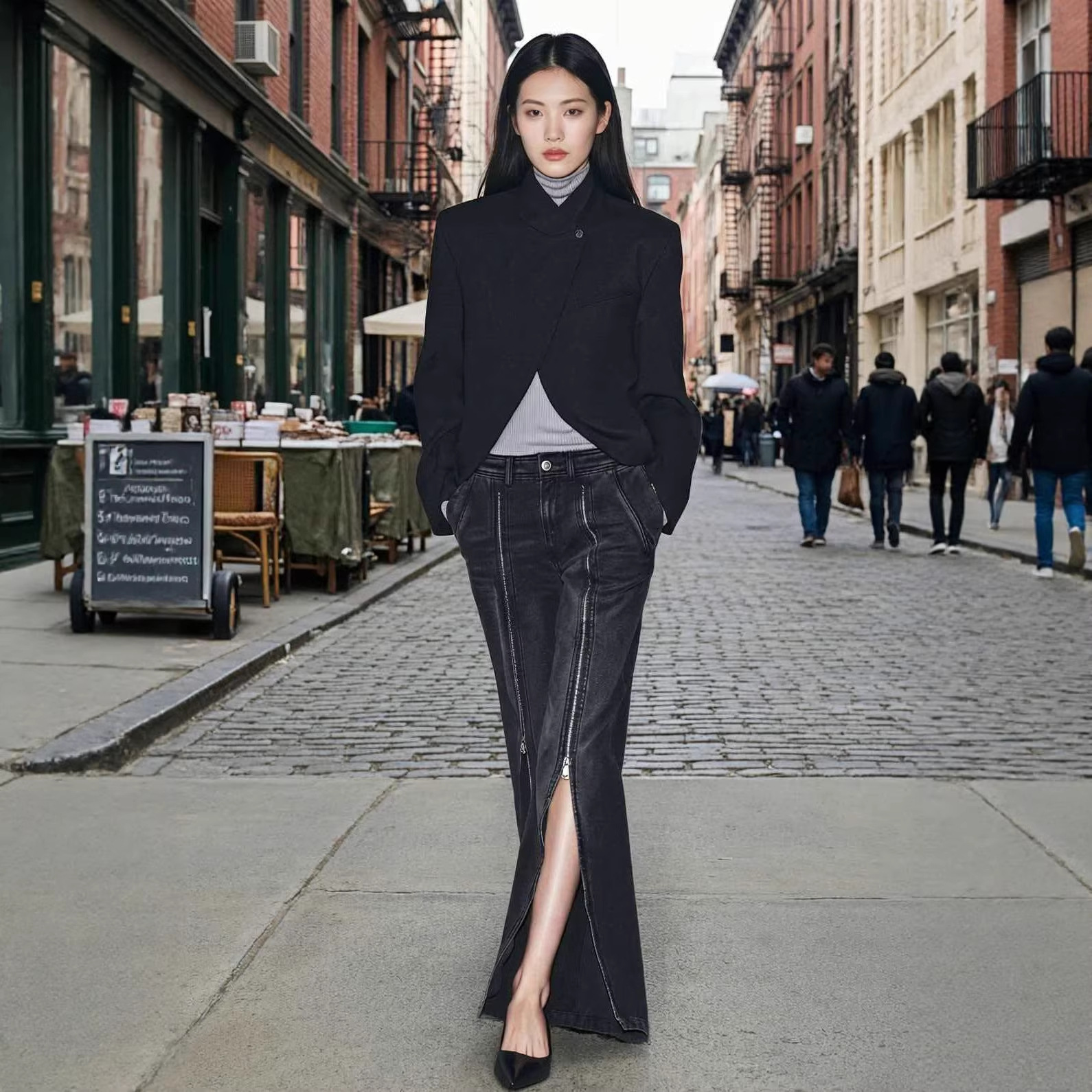 Women's Black Stand-Collar Blazer and Wide-Leg Pants Set
