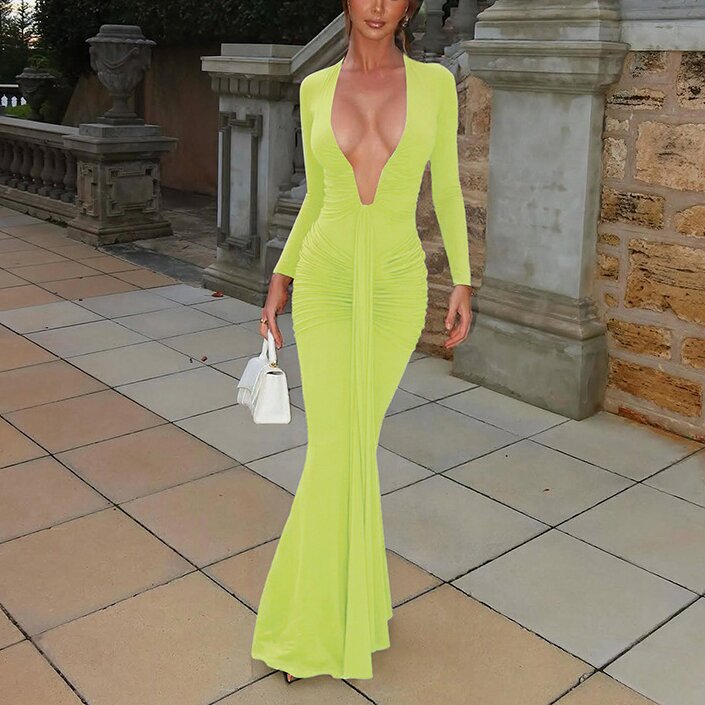 Elegant Solid Deep V-Neck Waist-Cinching Ribbon Mermaid Long Sleeve Dress