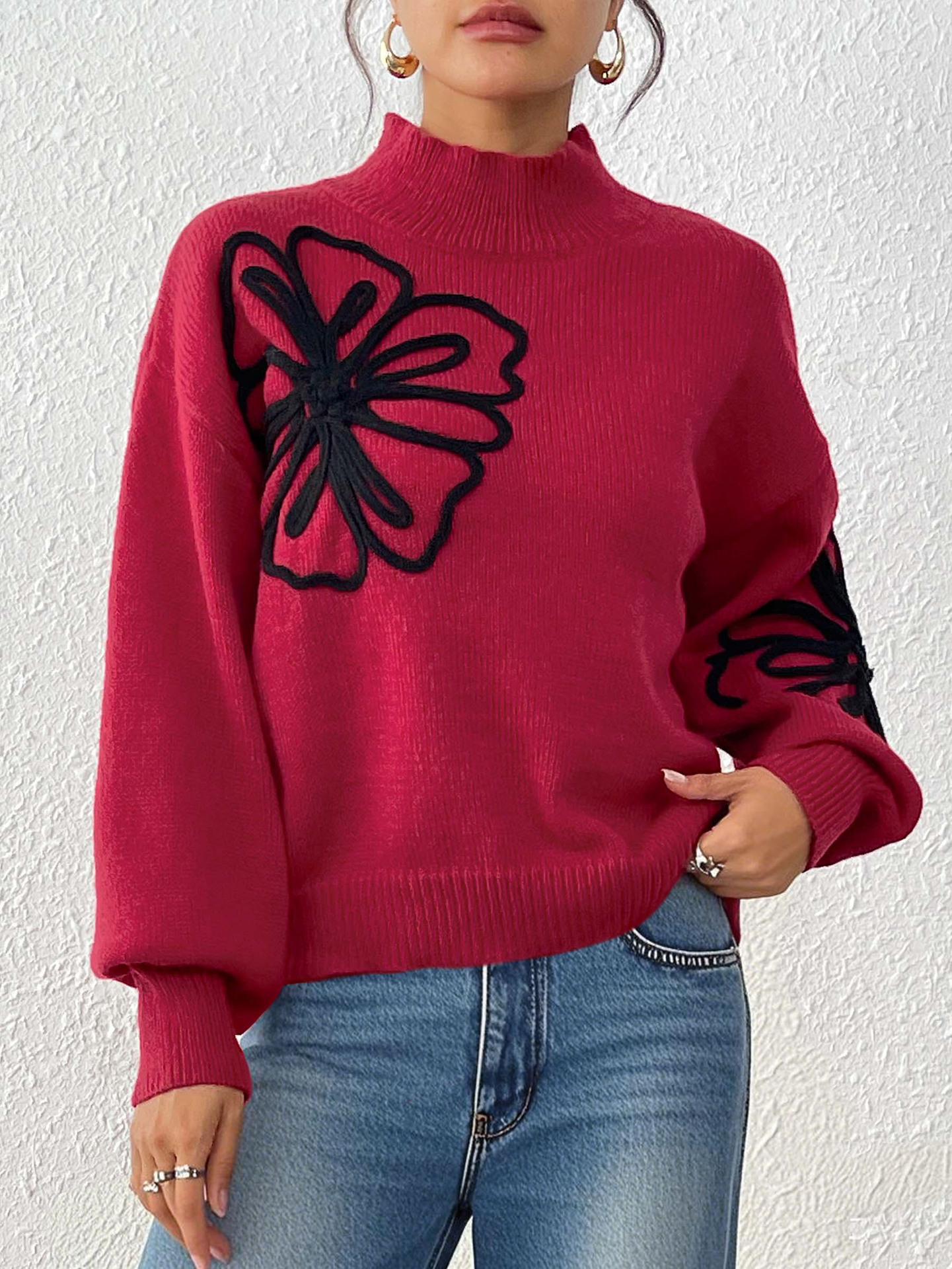 Women's 3D Ribbon Embroidered Floral Mock Neck Lantern Sleeve Pullover Sweater