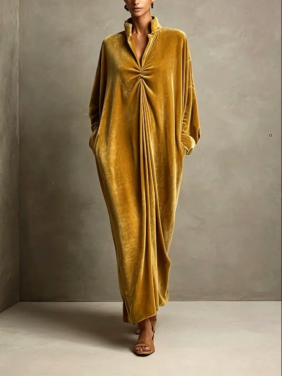 Stand Collar Velvet Long Dress with Twist Knot Detail
