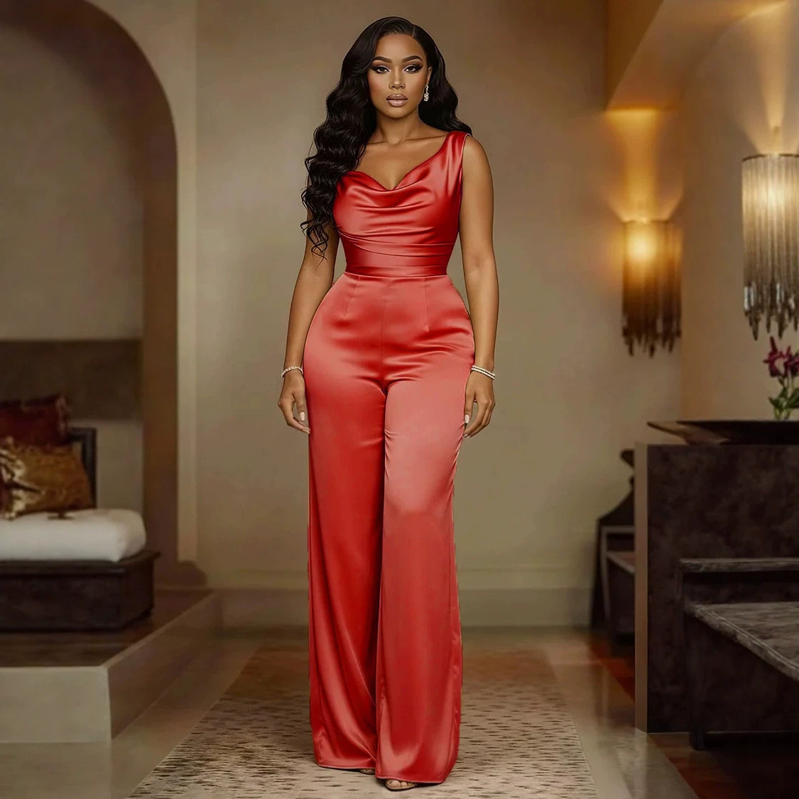 Women's Sleeveless Solid Color Wide-Leg Jumpsuit