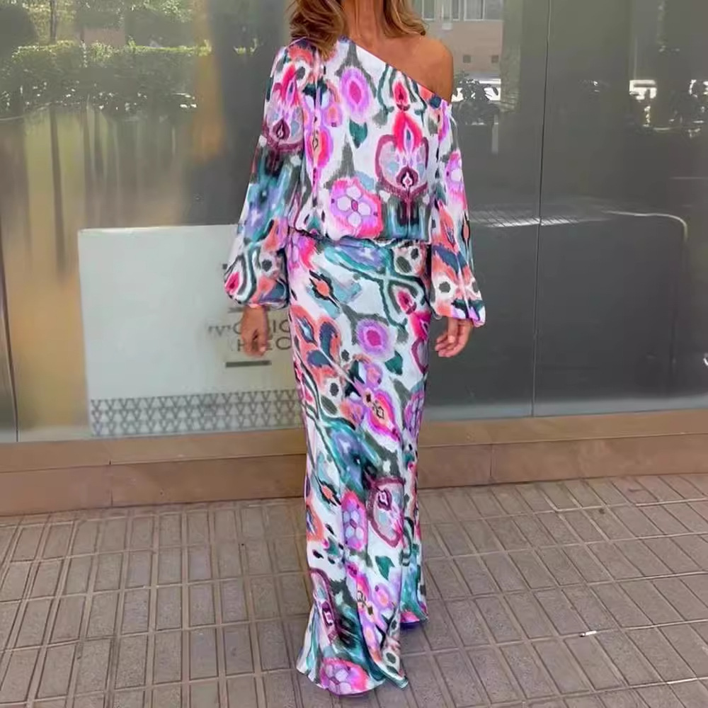 Women's Floral Print Long Sleeve Off-Shoulder Top and Mermaid Maxi Skirt Set
