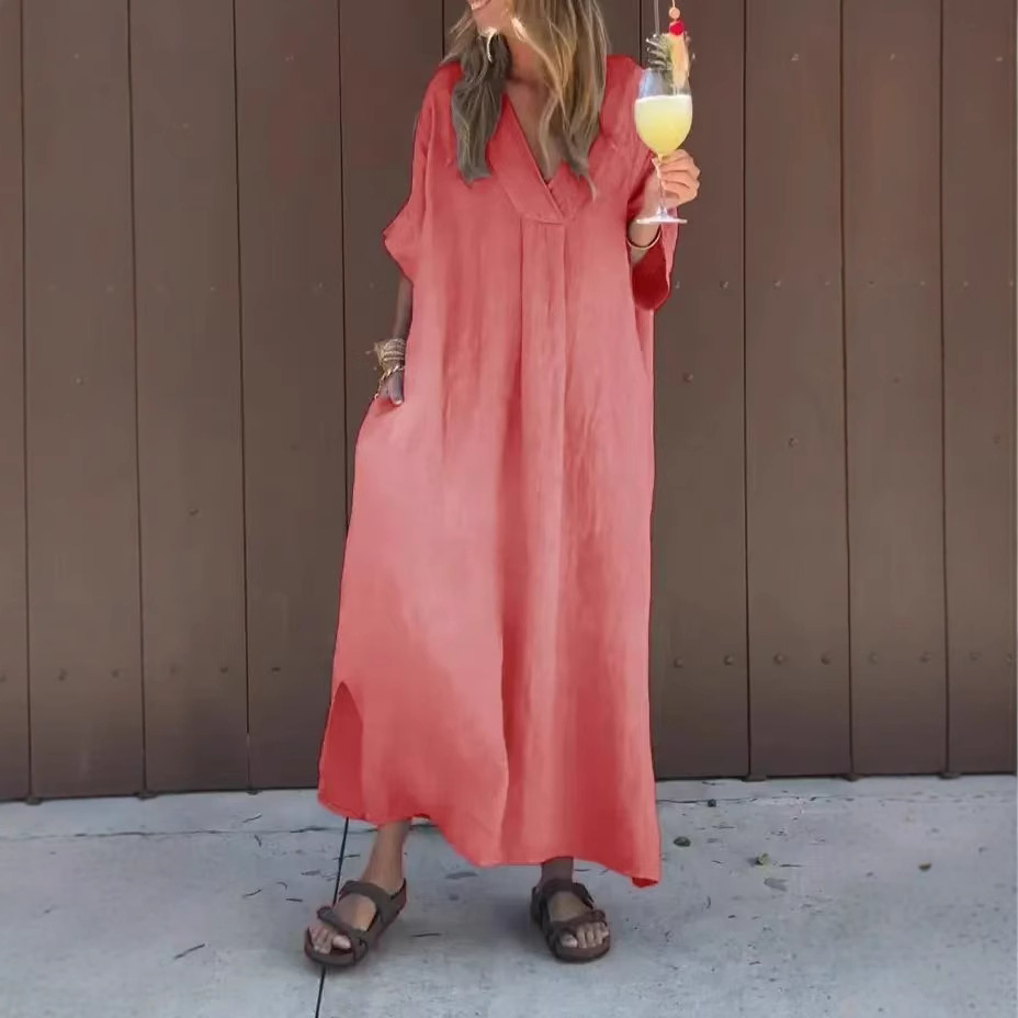 Washed Cotton V-Neck Short Sleeve Midi Dress Casual