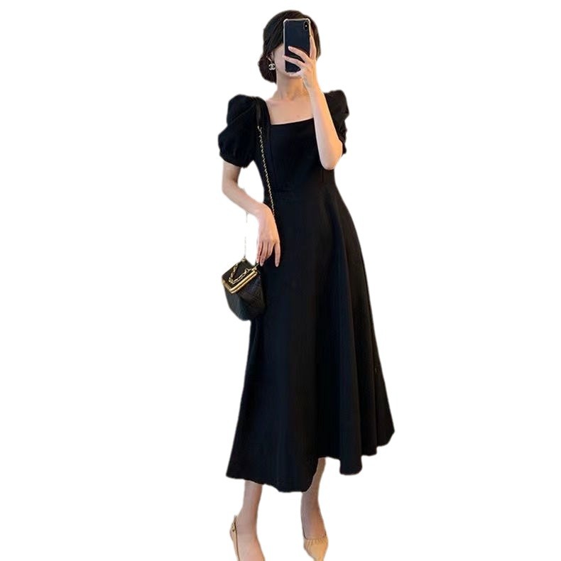 Black French Square-Neck A-Line Midi Dress with Cinched Waist