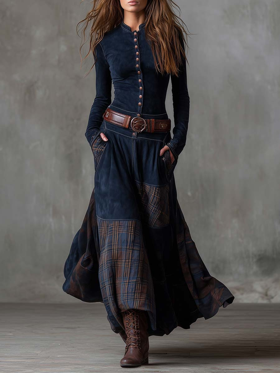 Suede Plaid Patchwork Vintage Dress with Pockets, Button & Belt