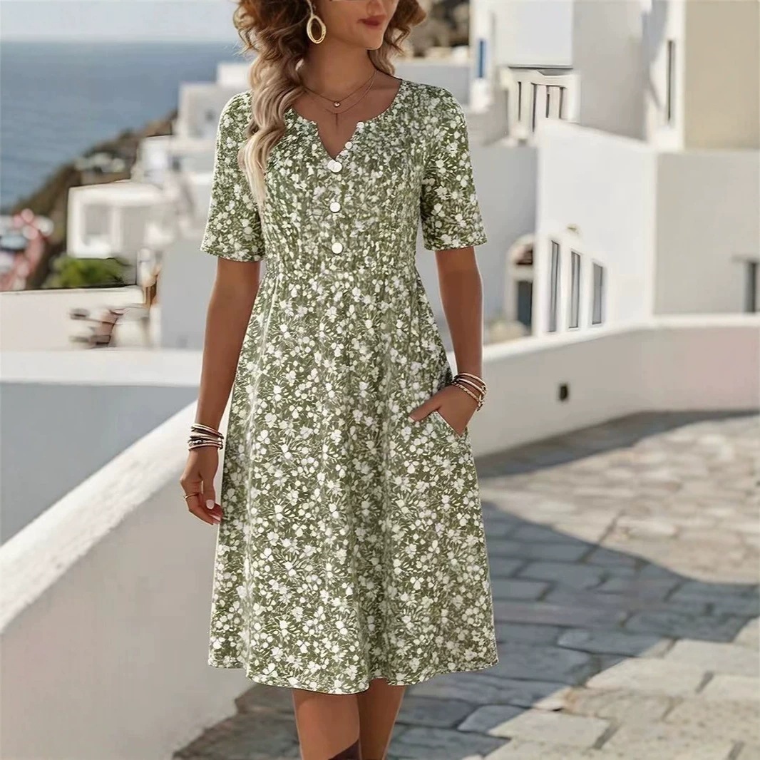 Women's Floral Print V-Neck Midi Dress Short Sleeve
