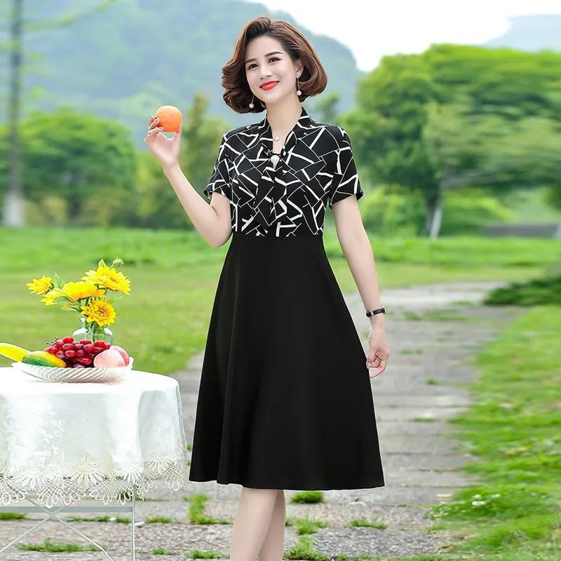 Women's Summer Short Sleeve Midi Dress Fake Two-Piece Waist-Cinching Slimming V-Neck A-Line