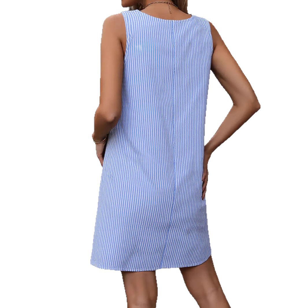 Striped Sleeveless Button-Front Pinafore Dress with Pockets
