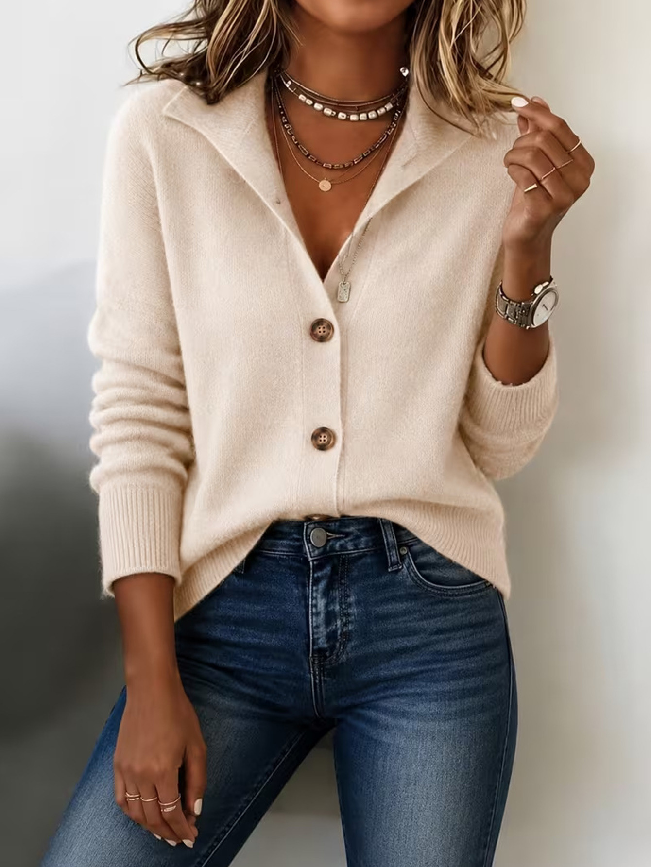Women's Vintage Solid Stand Collar Cardigan Loose Casual Jacket