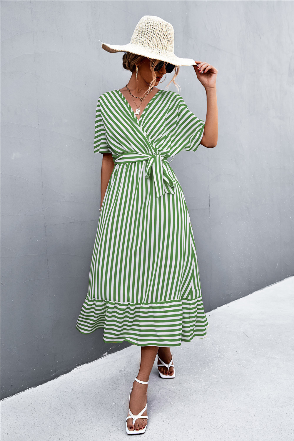 Cross V-Neck Tie Striped Midi Dress