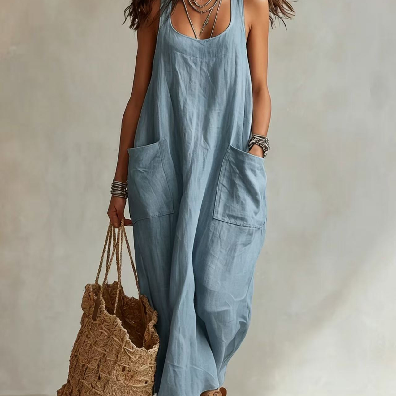 Women's Sleeveless Maxi Dress with Pockets Casual Solid Color