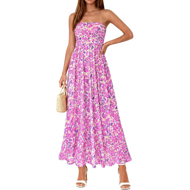 Boho Floral Strapless A-Line Maxi Dress