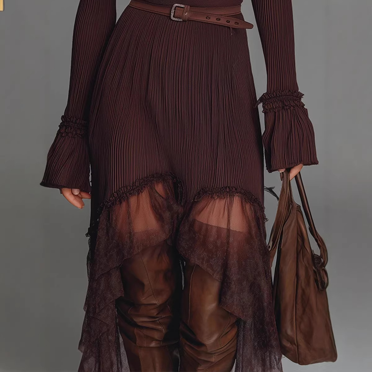 V-Neck Long Sleeve Mesh Panel Dress with Belt