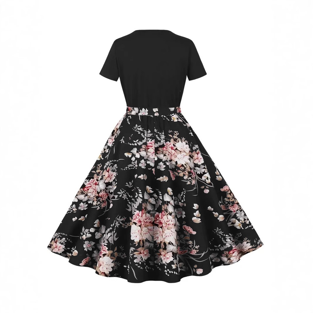 Women's Vintage Patchwork Midi Dress with Belt