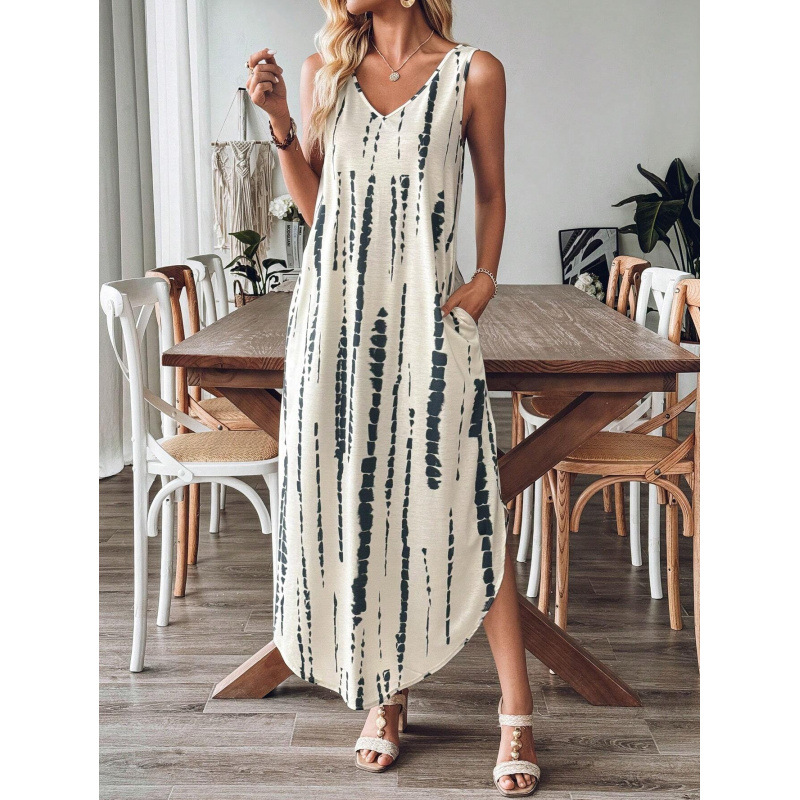 Allover Print Sleeveless V-Neck Slit Dress