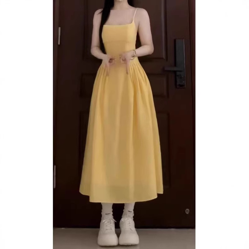 Yellow Sleeveless Midi Dress with Cinched Waist
