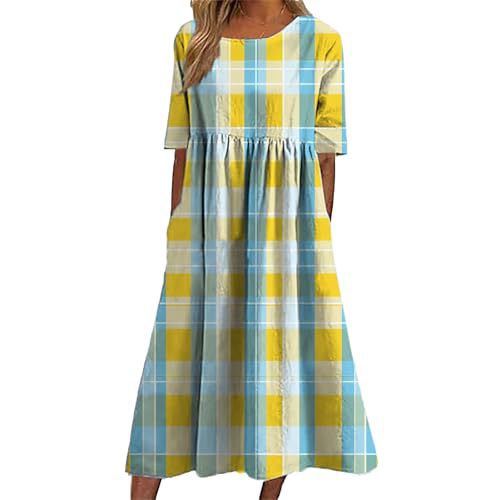 Women's Plaid Color-Block Floral Midi Dress with Pleated Details