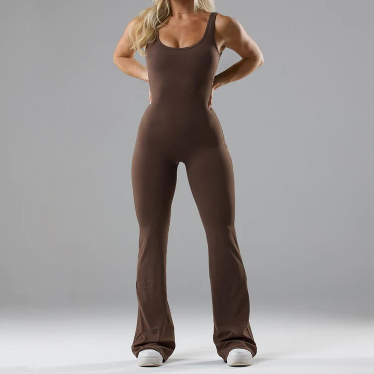 Fitted Sleeveless Yoga Bodysuit with Built-in Bra Pads Seamless Slimming Flared Jumpsuit