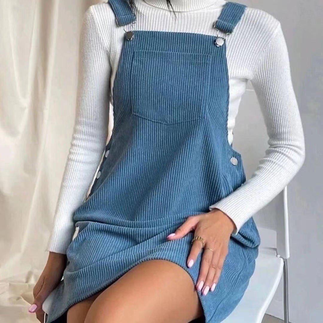Corduroy Sleeveless A-Line Pinafore Dress Square Neck Solid Color