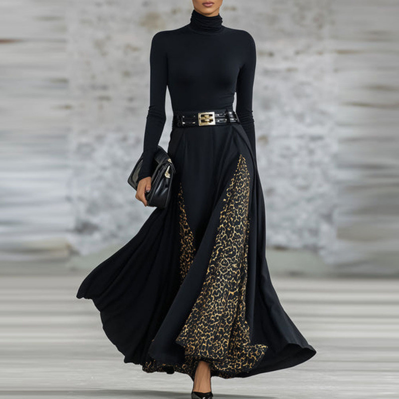 Black Leopard Print Panel Long Sleeve Dress