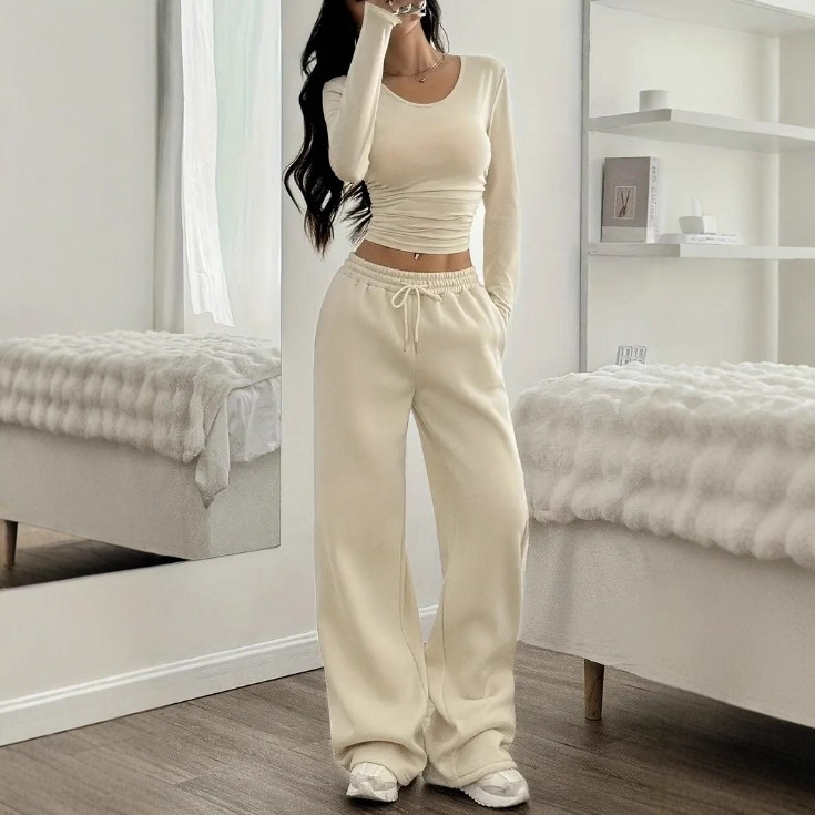 Women's Casual Wide-Leg Two-Piece Set Long Sleeve Crew Neck Solid Color Slim Fit