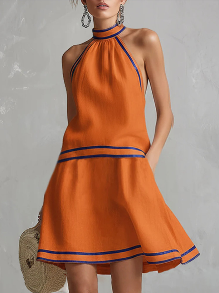 Striped Trim Halter Sleeveless A-Line Dress