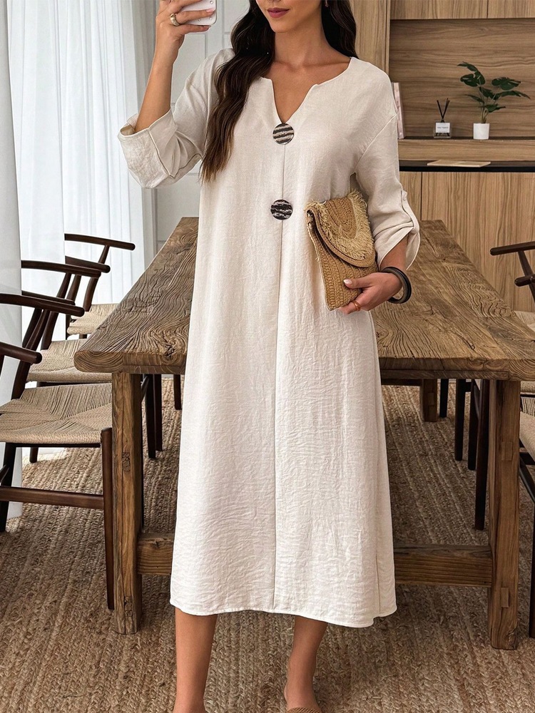 Women's Casual V-Neck Long Sleeve Cotton-Blend Solid Color Long Dress