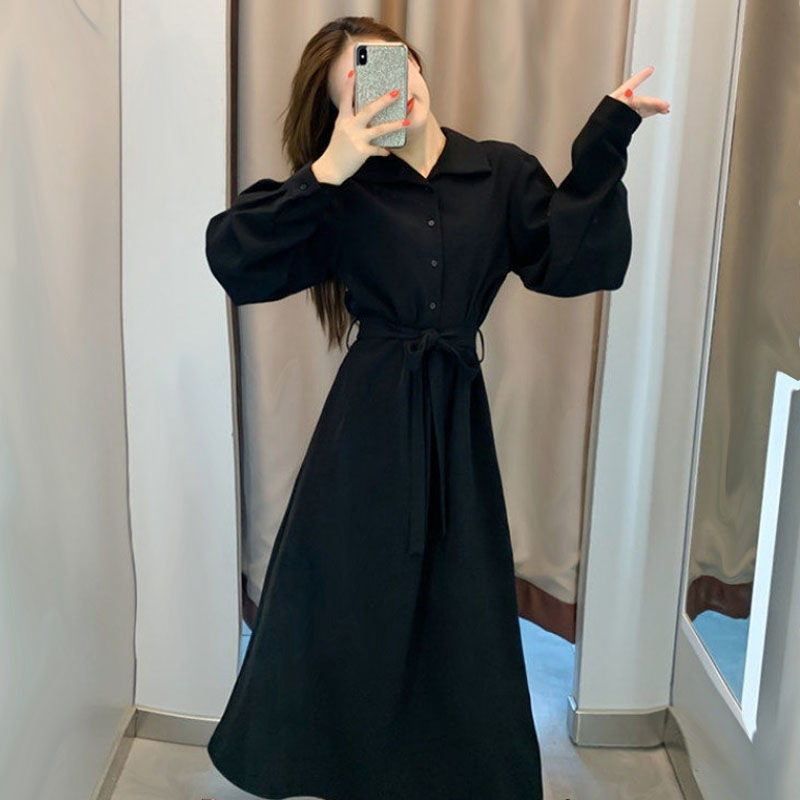 French Vintage Long Sleeve Black Dress Women's Waist-Cinching Slimming Commuter Midi A-Line Polo Neck