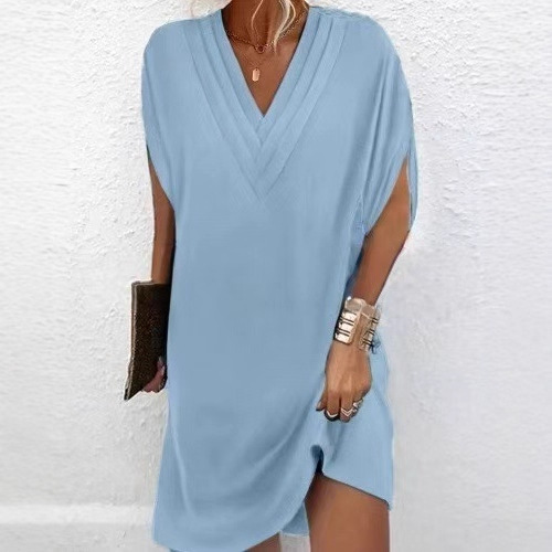 Women's V-Neck Pleated Batwing Sleeve Dress