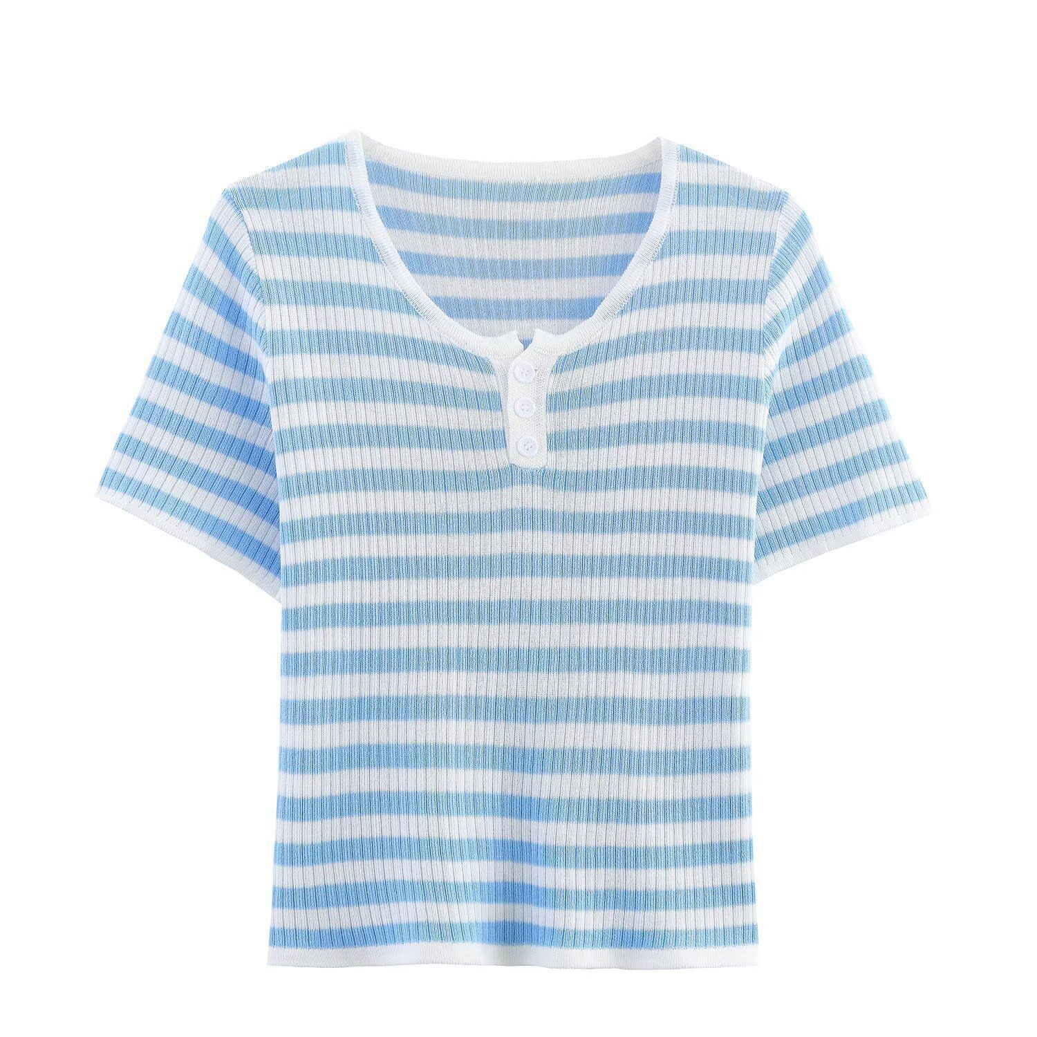 Sweet Three-Button Striped Knit Pullover