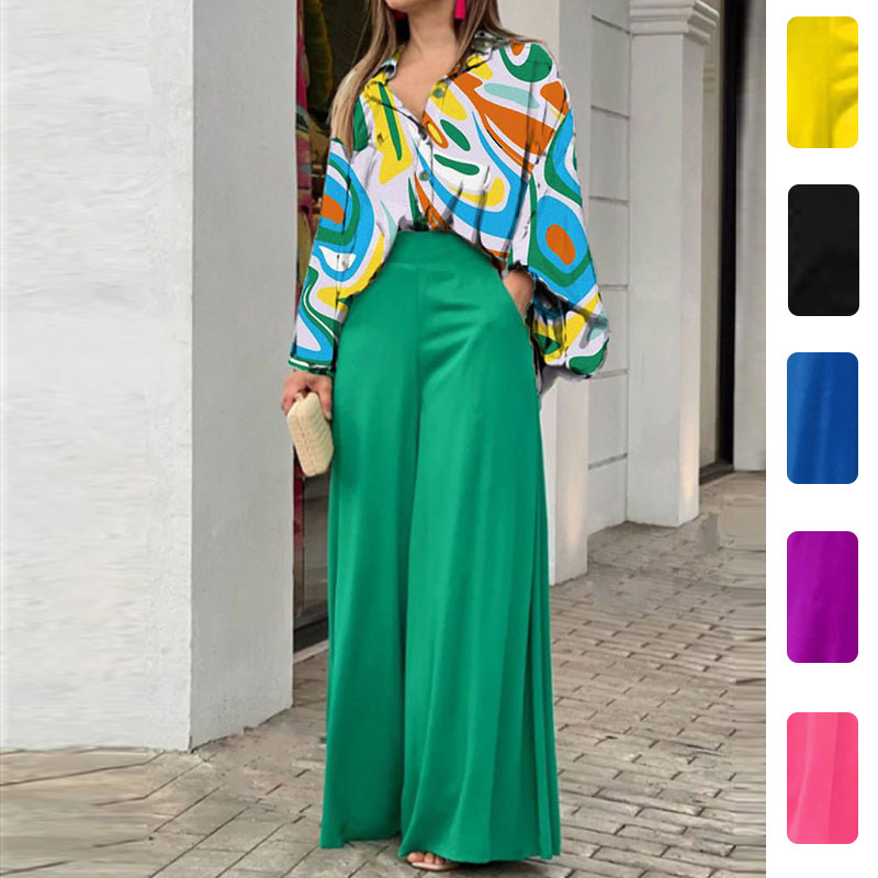 Women's Printed Shirt & Wide-Leg Pants Casual Set