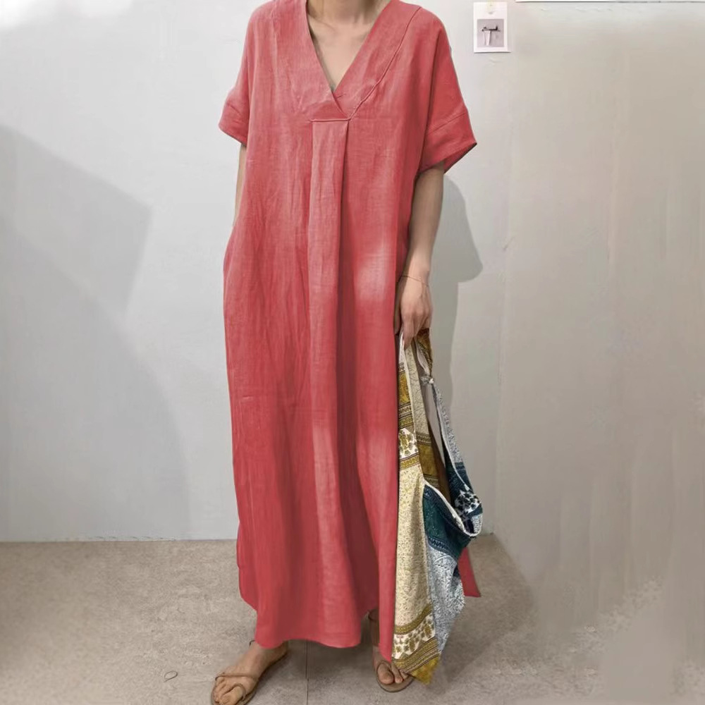 Women's Casual Short Sleeve V-Neck Solid Color Long Dress