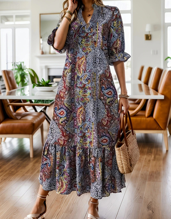 Elegant Floral Print V-Neck Midi Dress with Ruffle Sleeves