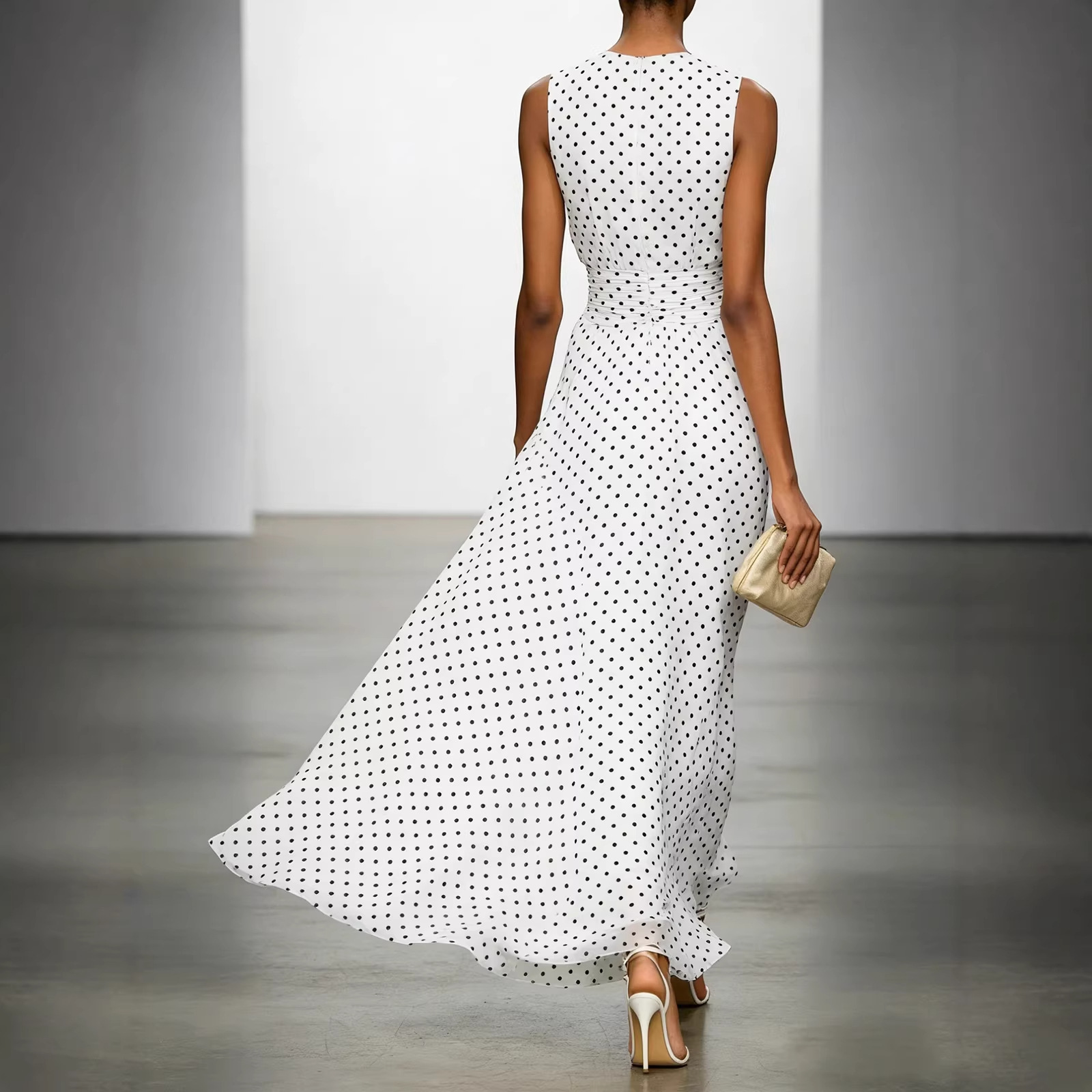 Women's Polka Dot Sleeveless A-Line Midi Dress with Cinched Waist