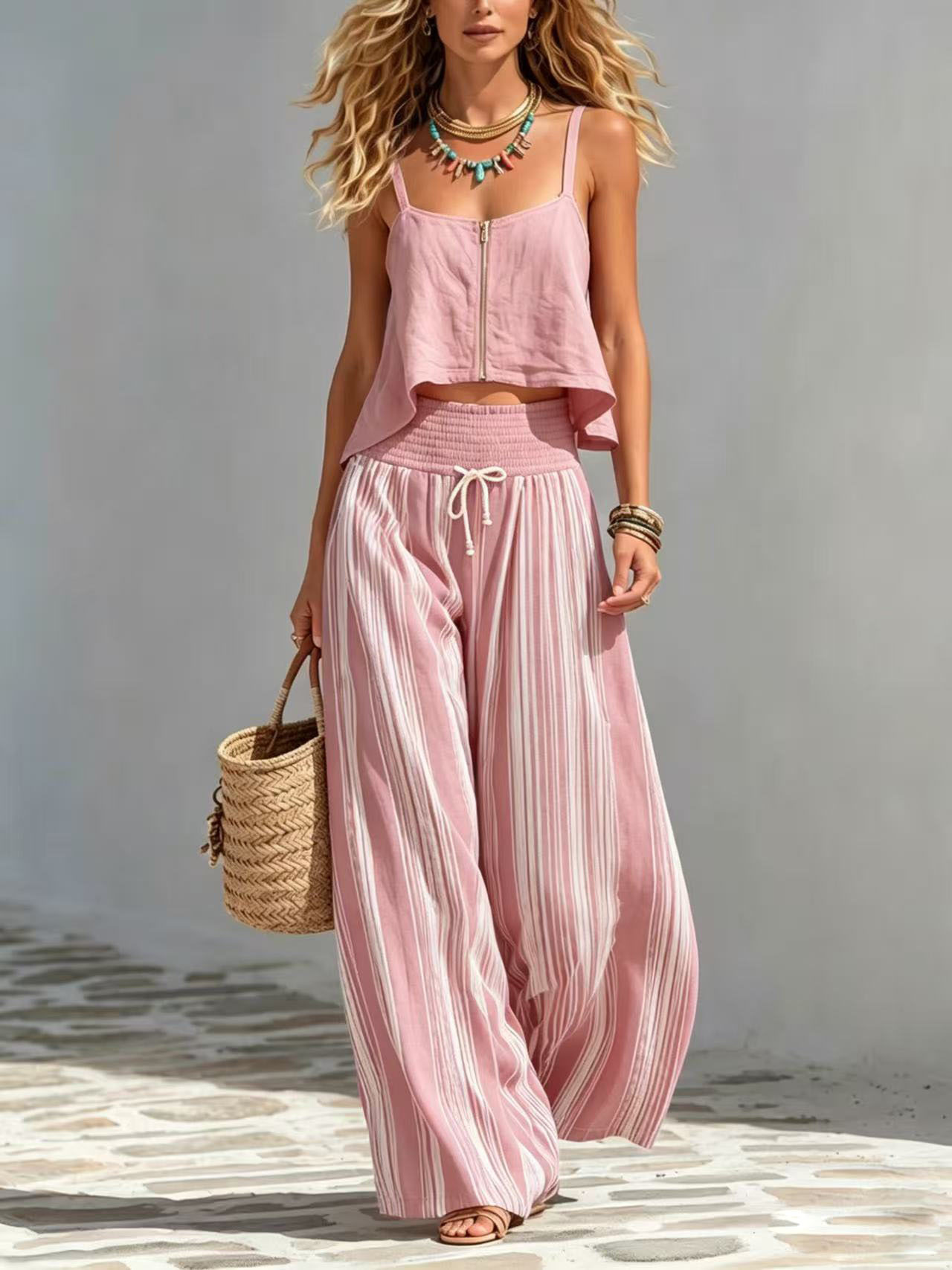 Women's Boho Striped Zip Cami Top & Wide-Leg Pants Set