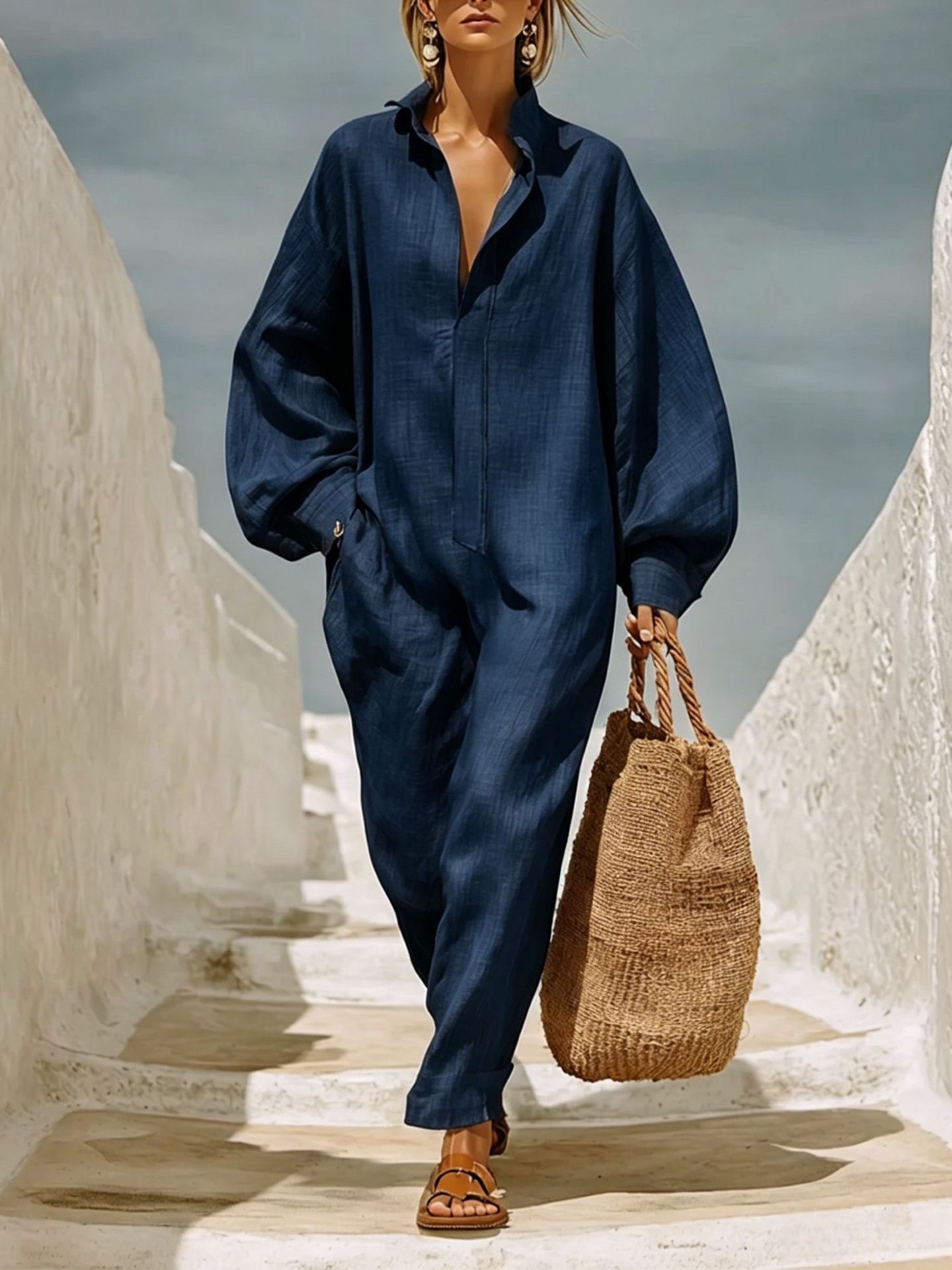 Women's Wide-Leg Jumpsuit with Collar and Half-Button Front