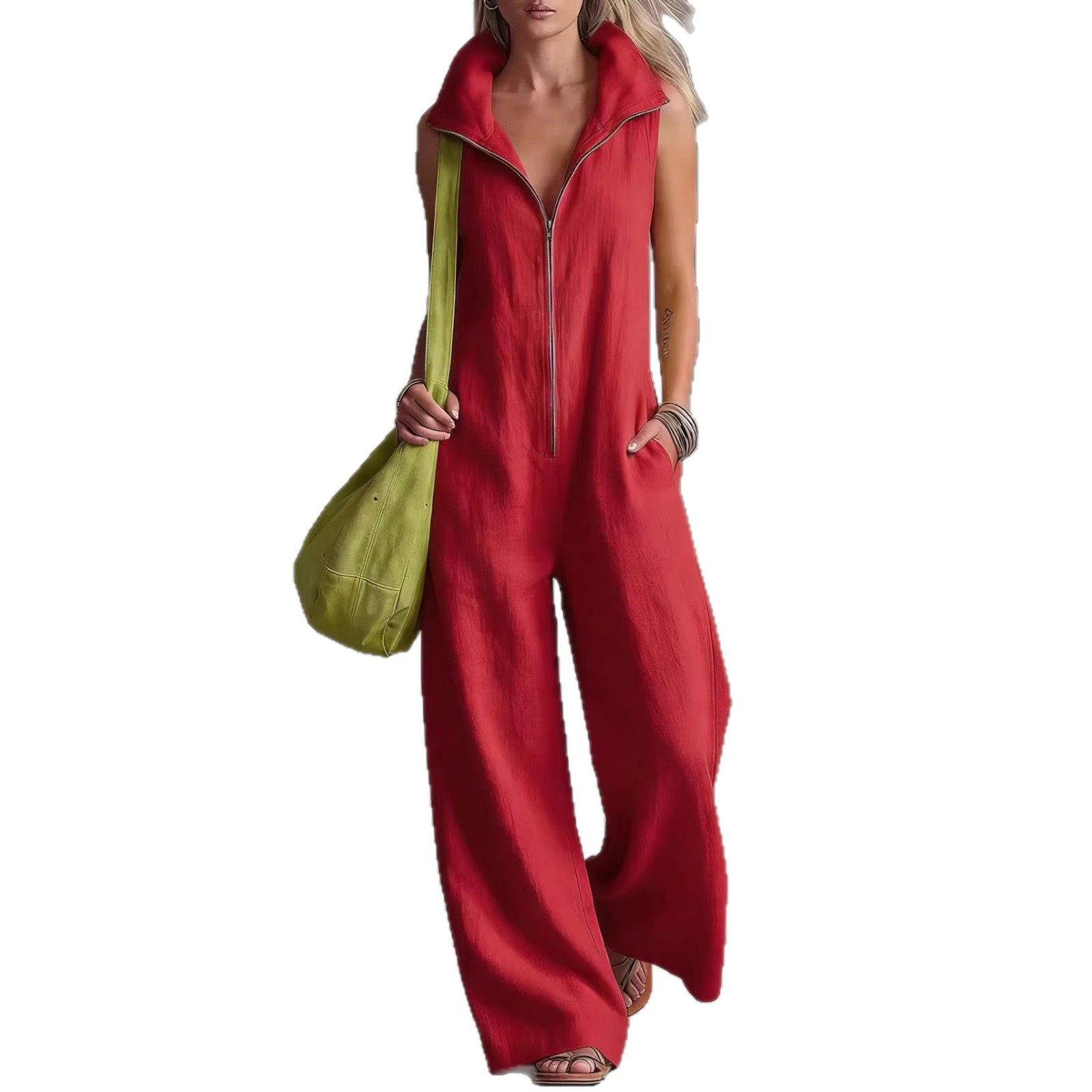 Women's Loose Sleeveless Jumpsuit with Pockets Faux Linen Casual