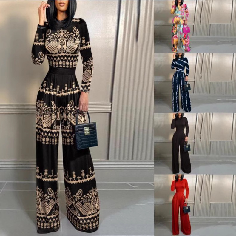 Women's Long Sleeve Jumpsuit with Zip Waist and Wide Legs